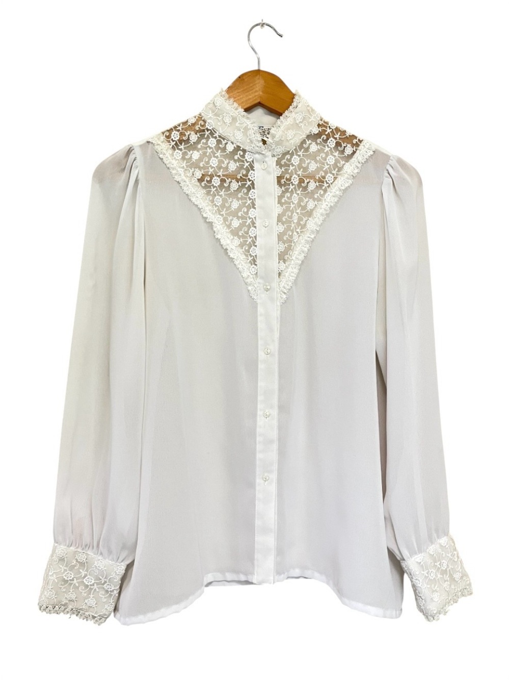 Vintage Lucy Berlette Off White Lace Yoke Button-Front Blouse - Lightweight